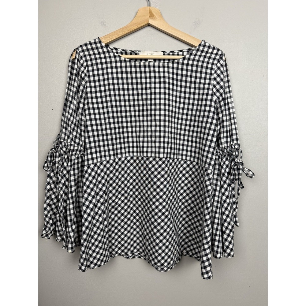 Gingham Peplum Top Flared Bell‎ Sleeve Blouse Milkmaid Prairie Farmhouse Chic MP